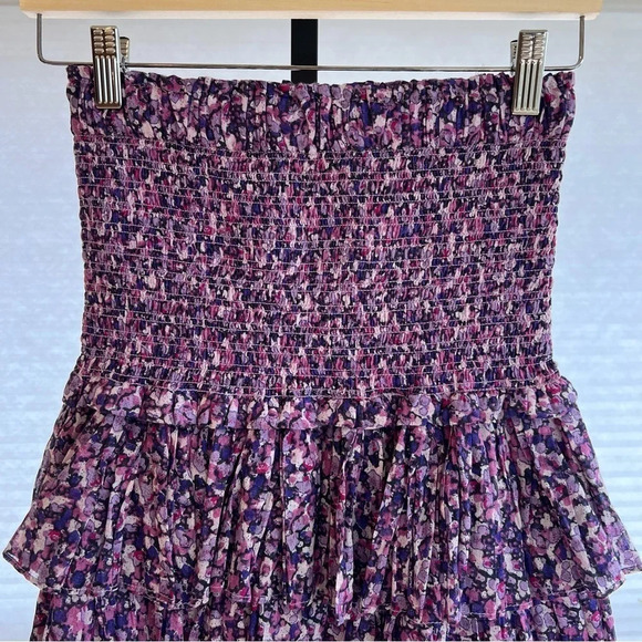 Isabel Marant Etoile Naomi Smocked Ruffle Tier Floral Mini Skirt Violet Multi 36 - Picture 2 of 5